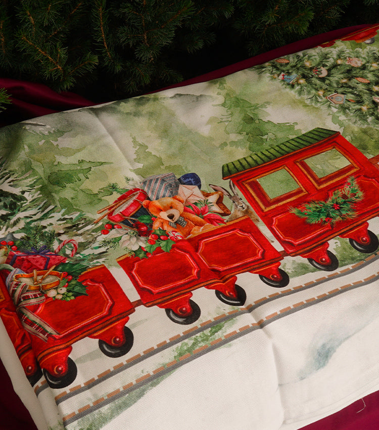 Tovaglia con il "Trenino Natalizio" in cotone 160x380