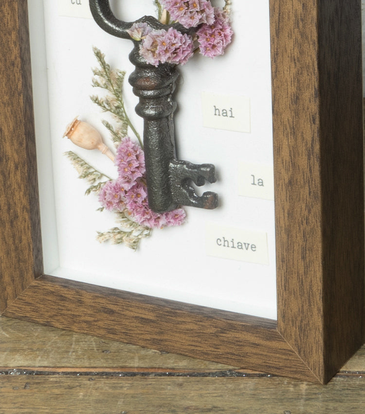 Cornice in legno piccola "SOLO tu hai la chiave" con una Chiave in metallo e fiori essiccati