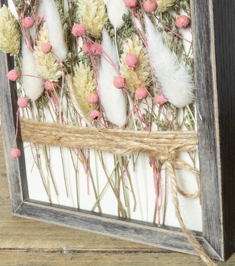 Cornice in legno "fiorisci ogni giorno" con fiori essiccati e spago