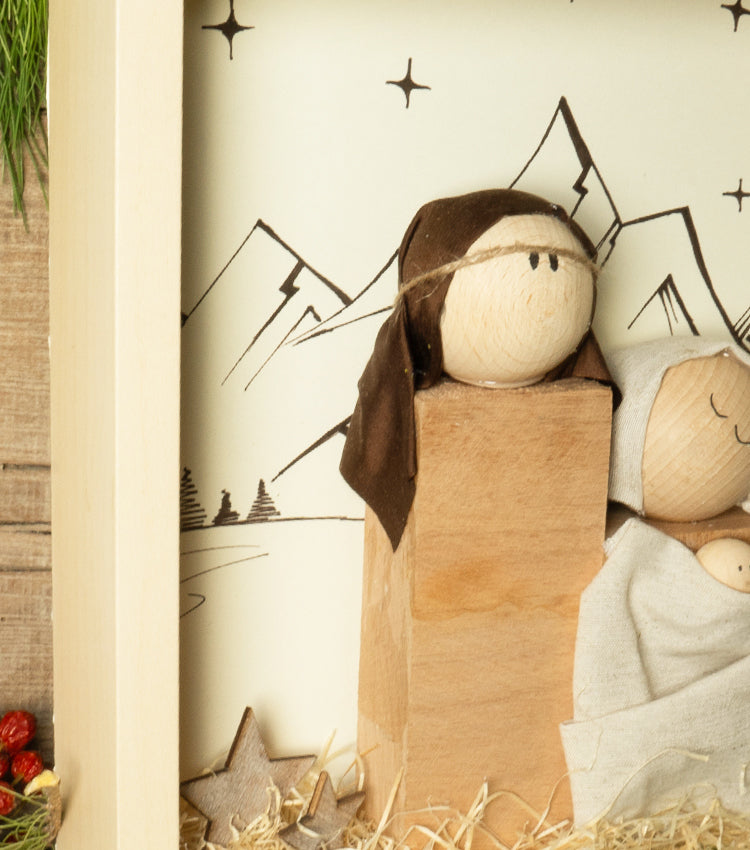 "La Natività nella Cornice" in legno con la paglia sintetica, Stelline in legno, Disegni, carta, cotone e spago