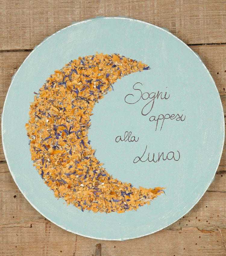 Quadretto in tela "Sogni appesi alla Luna" con una Mezzaluna di fiori essiccati