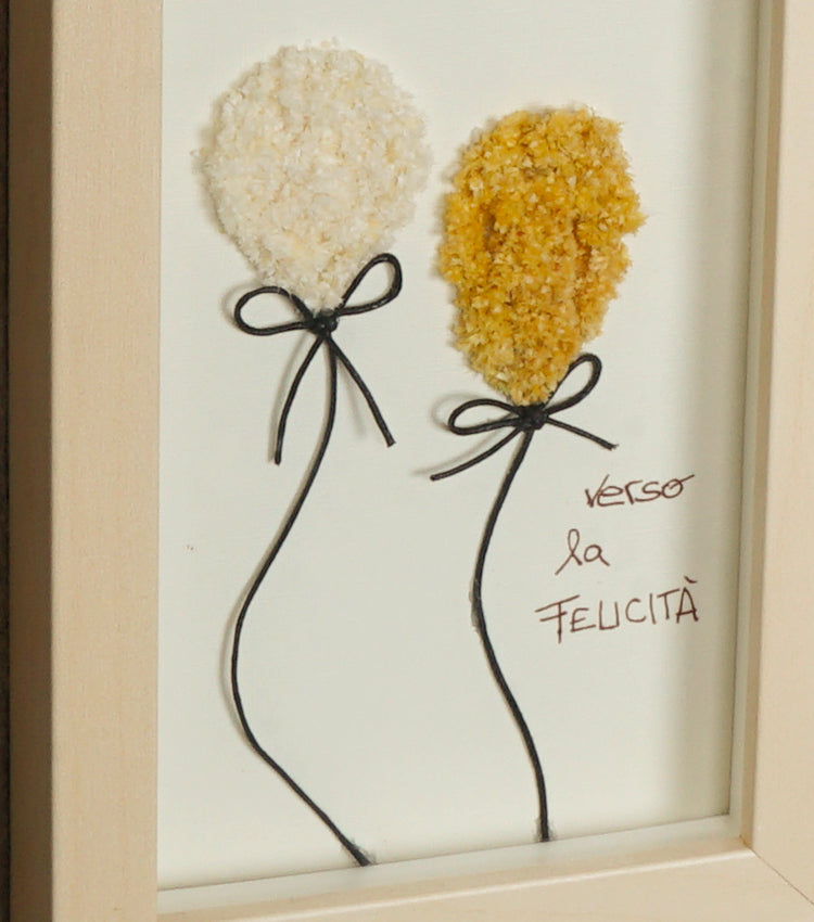 Cornice in legno "verso la FELICITÀ" con Palloncini, fiori essiccati e spago
