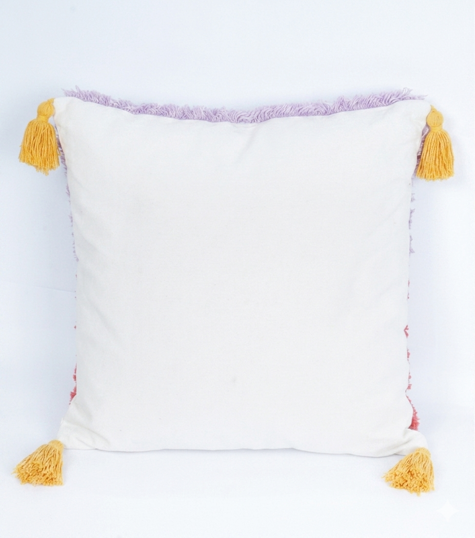 Cuscino con Occhio e Nappe rosso e viola in cotone