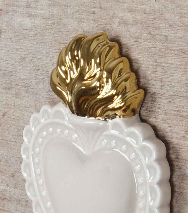 Cuore "Ex Voto" beige con la Fiamma Laccata in ceramica