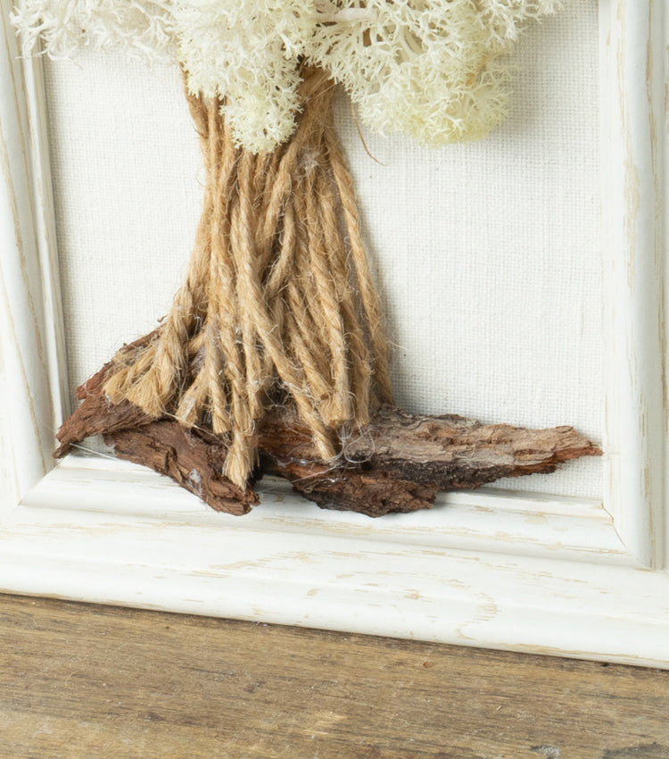 Cornice in legno con albero di muschio bianco stabilizzato e corda