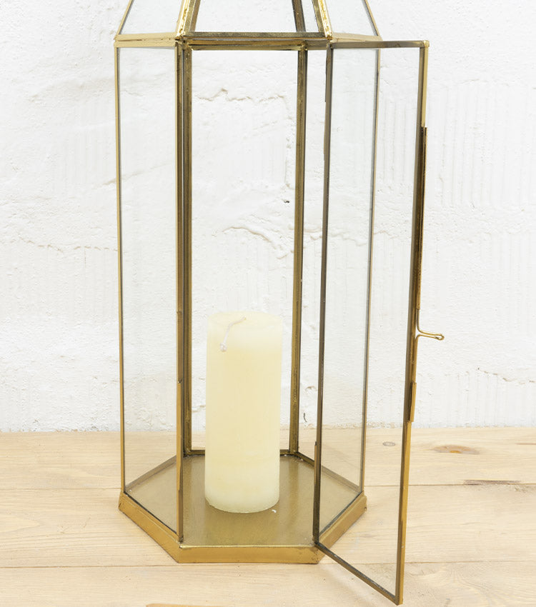 Lanterna porta-candela in vetro e ottone