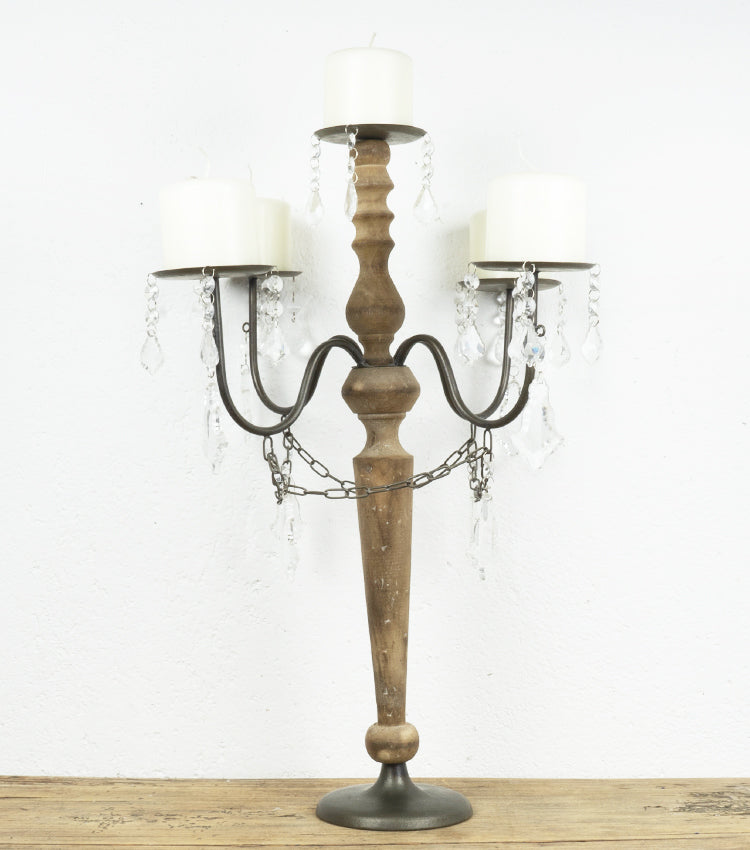 Candelabro in legno e metallo con perline