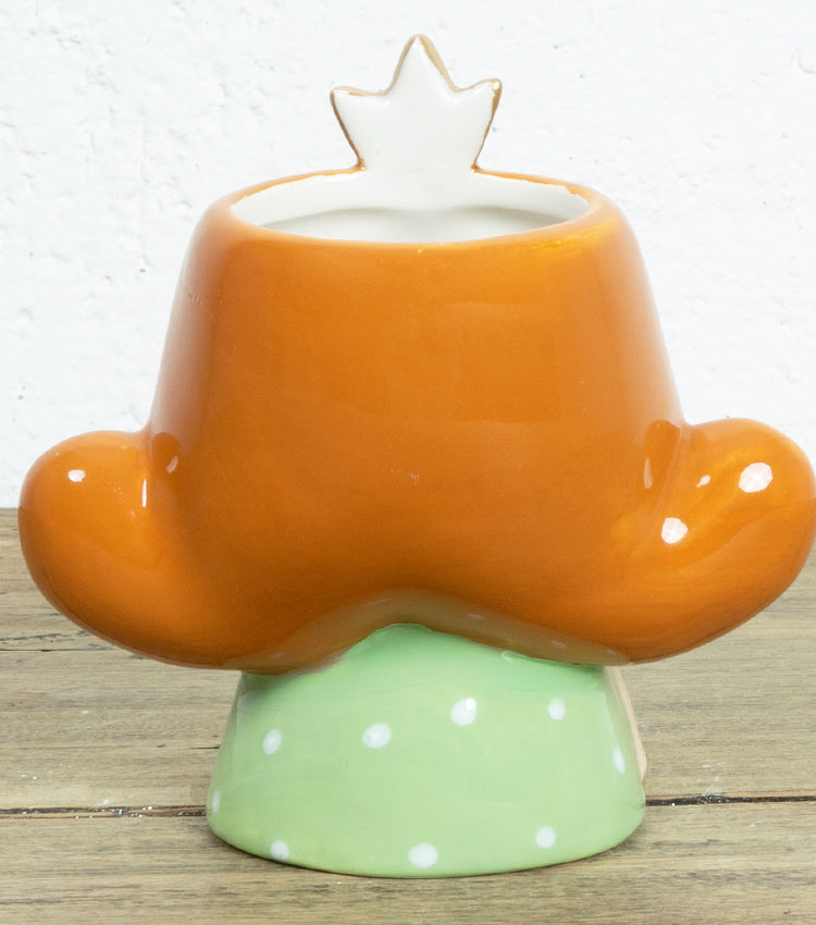 Vasetto con volto di una donna con occhiali e coroncina in ceramica e metallo