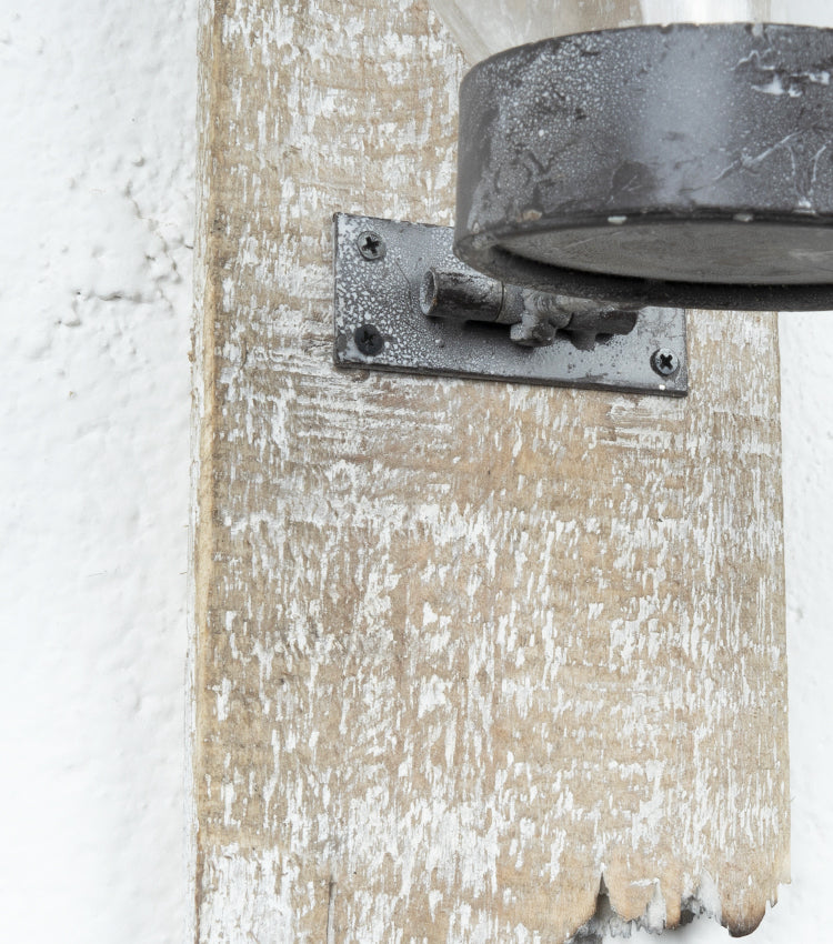 Lanterna porta-candela in vetro, metallo e legno