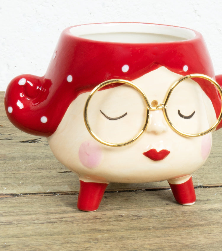 Vasetto con volto di una donna con occhiali in ceramica e metallo