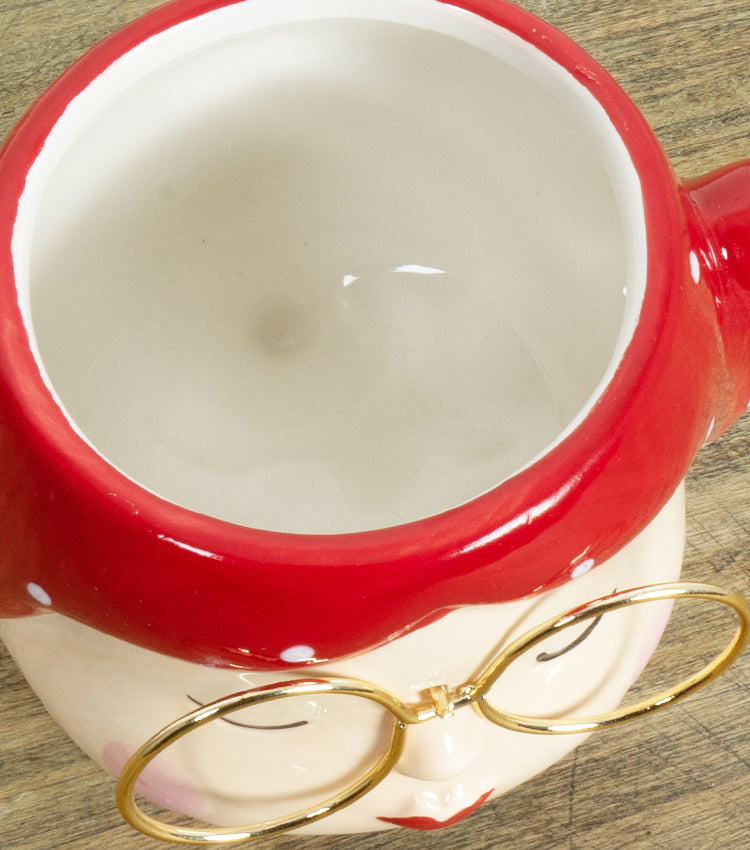 Vasetto con volto di una donna con occhiali in ceramica e metallo