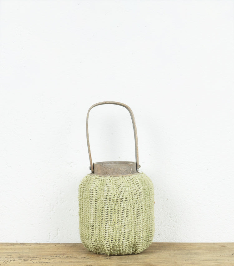 Lanternina porta-candela verde in legno e cotone