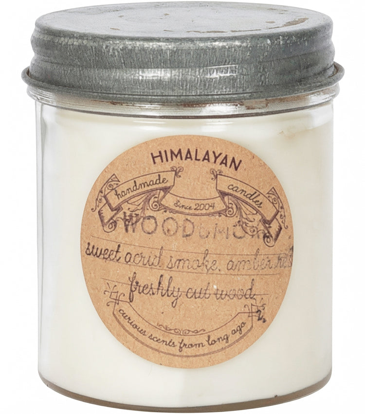 Candela Vintage Profumata in vetro e metallo alla fragranza "Fumo Dolce e Acre ~ Resina d'Ambra ~ Legno appena Tagliato"