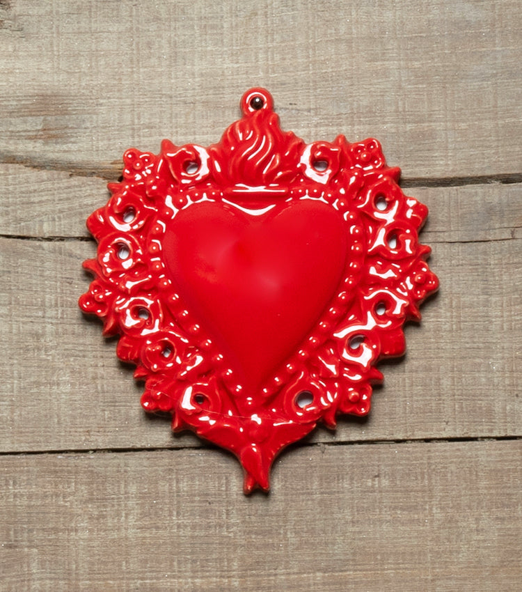 Cuore "Ex Voto" rosso con un Angioletto e Decorazioni in ceramica