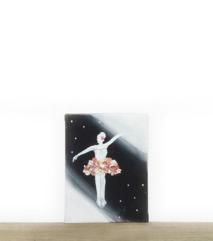 Quadro in tela con una Ballerina, fiori essiccati e brillantini