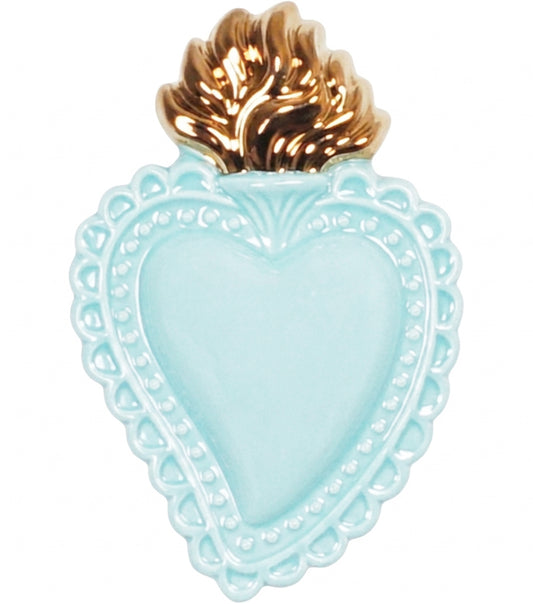 Cuore "Ex Voto" color "Tiffany" con la Fiamma Laccata oro in ceramica