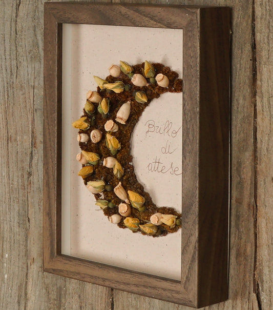 Cornice in legno "Brilla di attese" con una Mezzaluna di fiori essiccati