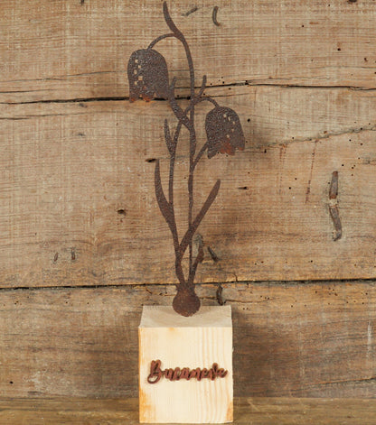 Bucaneve in corten con Nome e Base in legno
