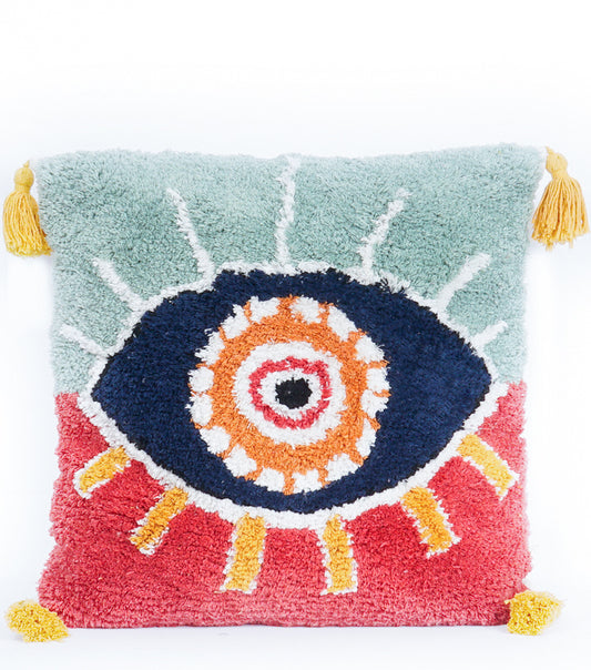 Cuscino con Occhio e Nappe rosso e verde in cotone