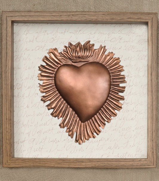 Cornice in legno con un "Cuore Ex Voto con i Raggi" in ottone e Scritte