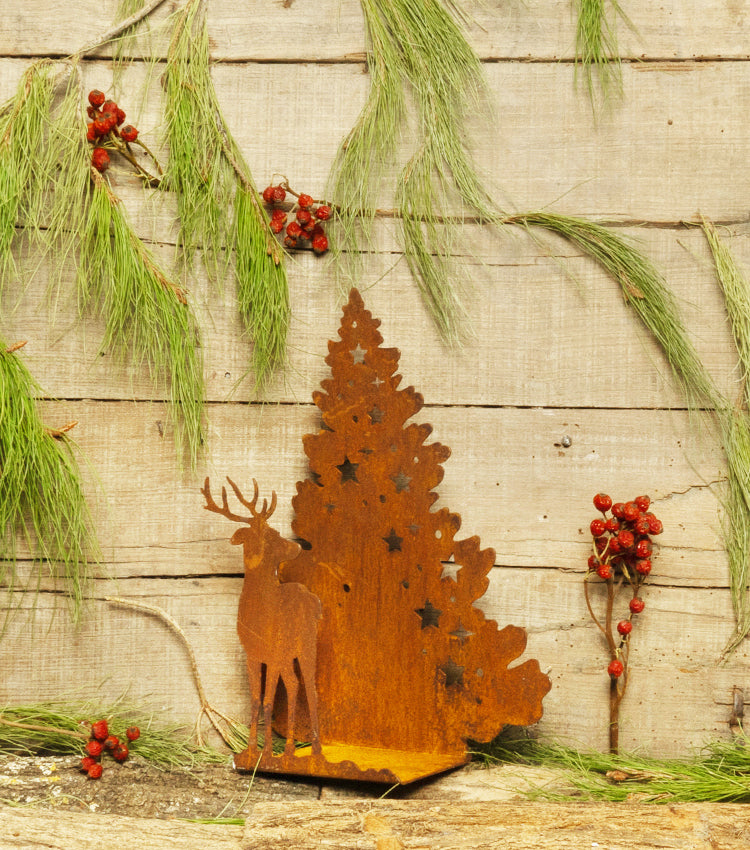 Porta-Candele con una Renna ed un Albero Natalizio in corten