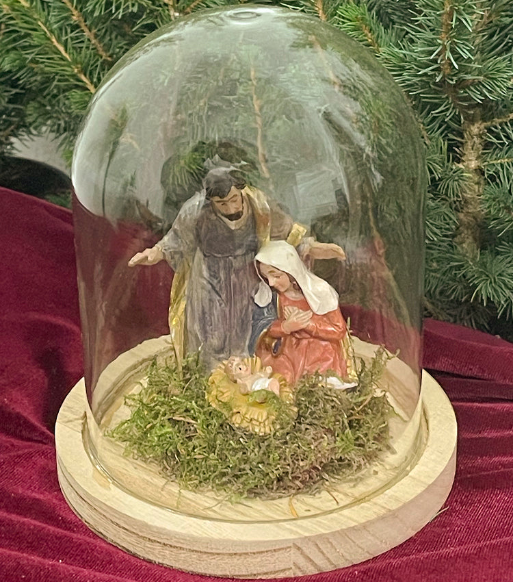 "La Natività nella Boule" in vetro e legno grande con il muschio
