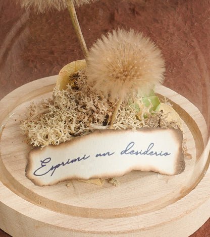 "I Piccoli Soffioni nella Boule" in vetro e legno con una scritta, carta e piante essiccate e stabilizzate