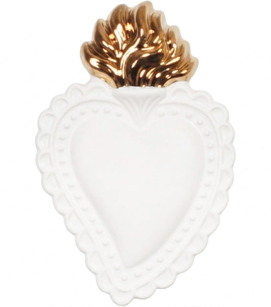 Cuore "Ex Voto" bianco con la Fiamma Laccata oro in ceramica