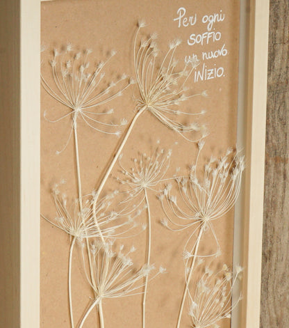 Cornice in legno "Per ogni SOFFIO un nuovo INIZIO." con i "Pizzi della Regina Anna" essiccati
