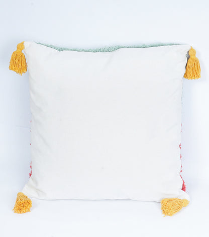 Cuscino con Occhio e Nappe rosso e verde in cotone