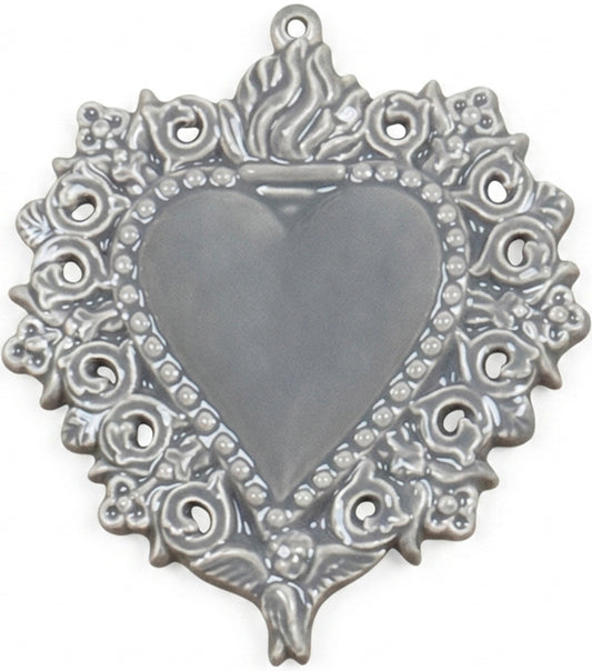 Cuore "Ex Voto" grigio con un Angioletto e Decorazioni in ceramica