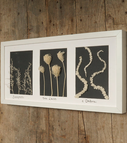 Cornice in legno "Sospesi tra Luce e Ombra" con Fiori e Piante essiccati