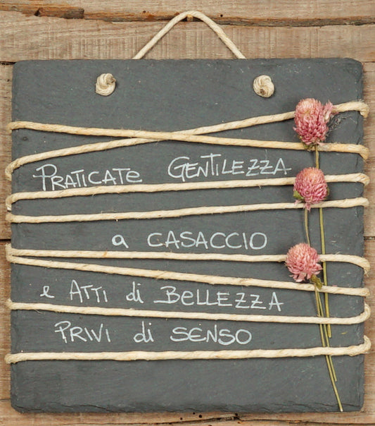 Quadretto in ardesia "Praticate gentilezza a casaccio e atti di bellezza privi di senso" con fiori essiccati e corda