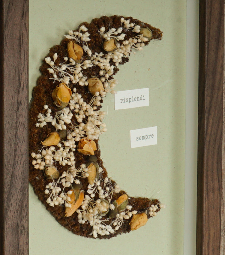 Cornice in legno "risplendi sempre" con una Mezzaluna di fiori essiccati