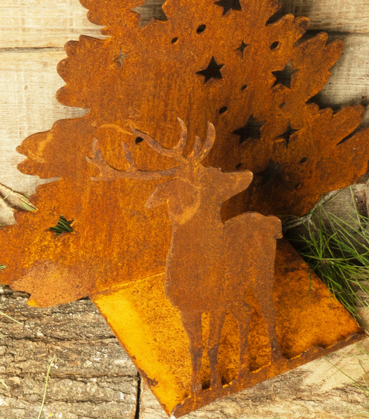 Porta-Candele con una Renna ed un Albero Natalizio in corten