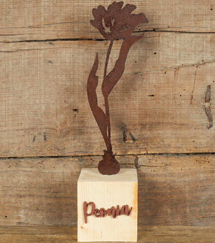 Peonia in corten con Nome e Base in legno