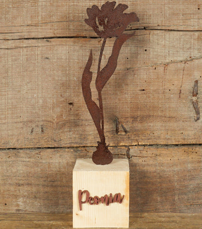 Peonia in corten con Nome e Base in legno
