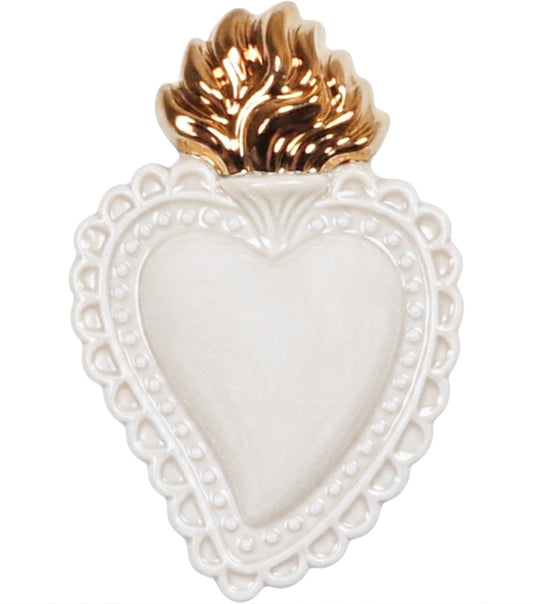 Cuore "Ex Voto" color "Tortora Chiaro" con la Fiamma Laccata oro in ceramica
