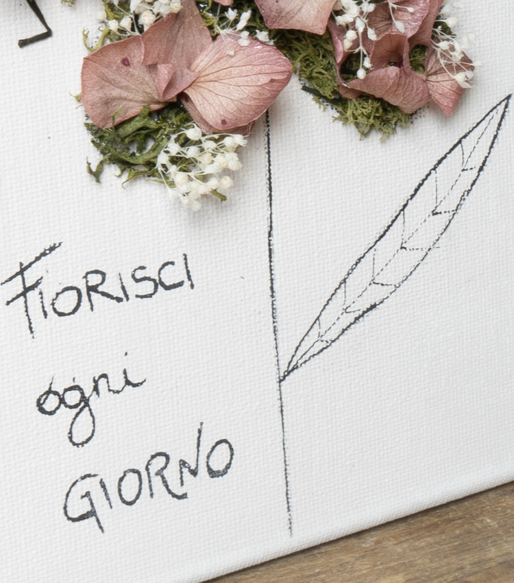 Quadro in tela "FIORISCI ogni GIORNO" con un Fiore in Muschio stabilizzato e fiori essiccati