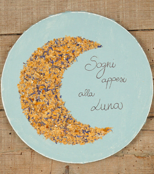 Quadretto in tela "Sogni appesi alla Luna" con una Mezzaluna di fiori essiccati