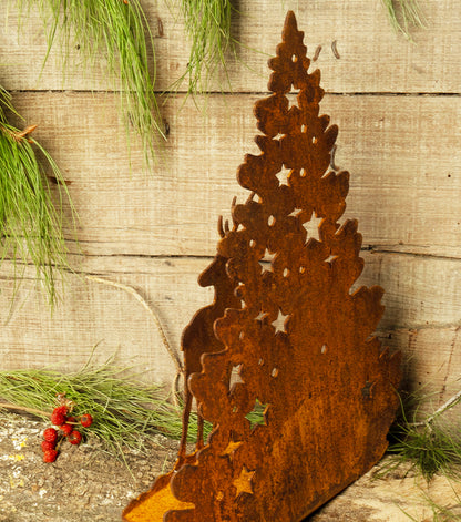 Porta-Candele con una Renna ed un Albero Natalizio in corten