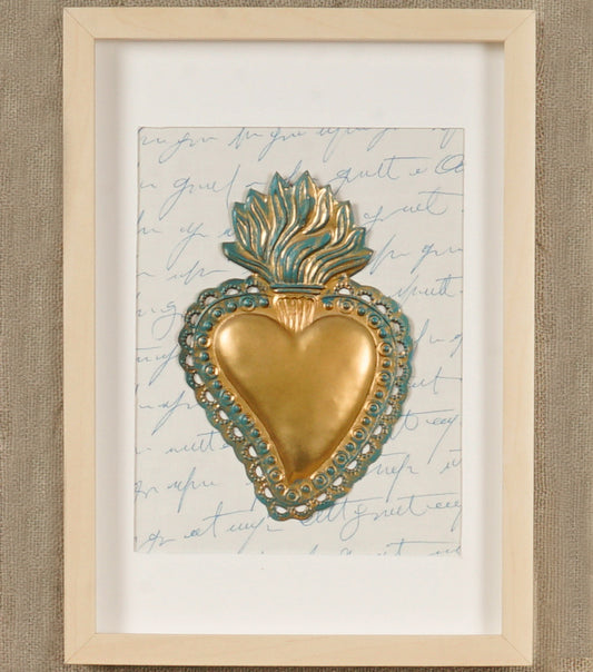 Cornice in legno con un "Cuore Ex Voto" in ottone e Scritte