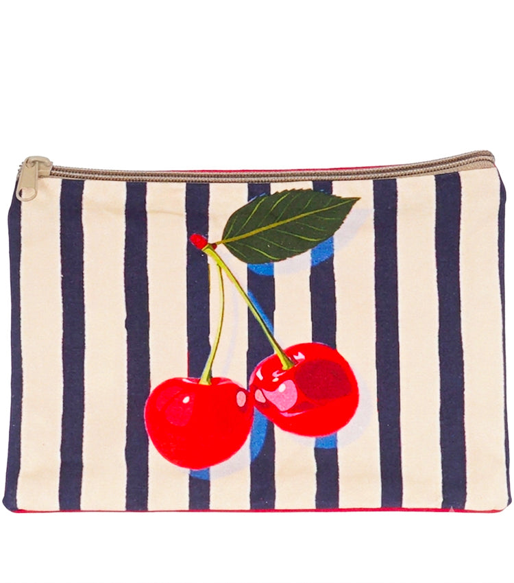 Pochette con Ciliegie color beige e blu in cotone