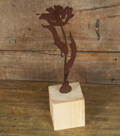 Peonia in corten con Nome e Base in legno