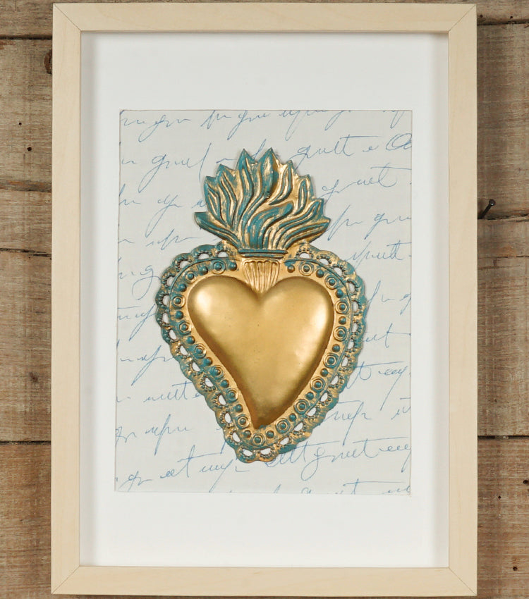 Cornice in legno con un "Cuore Ex Voto con la Fiamma" in metallo e Scritte