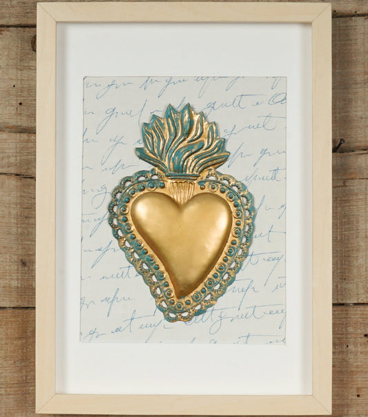 Cornice in legno con un "Cuore Ex Voto con la Fiamma" in metallo e Scritte