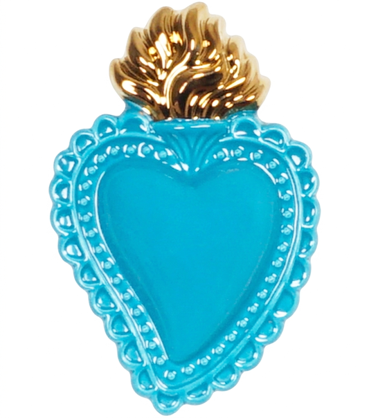 Cuore "Ex Voto" color "Turchese" con la Fiamma Laccata oro in ceramica
