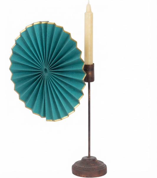 Candeliere in ottone con Ventaglio Plissettato in cartoncino color "Petrolio" ed oro