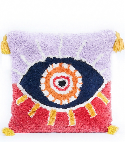 Cuscino con Occhio e Nappe rosso e viola in cotone