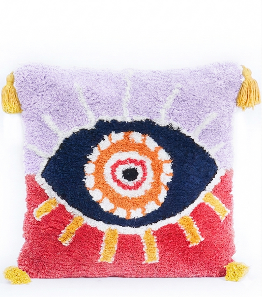 Cuscino con Occhio e Nappe rosso e viola in cotone